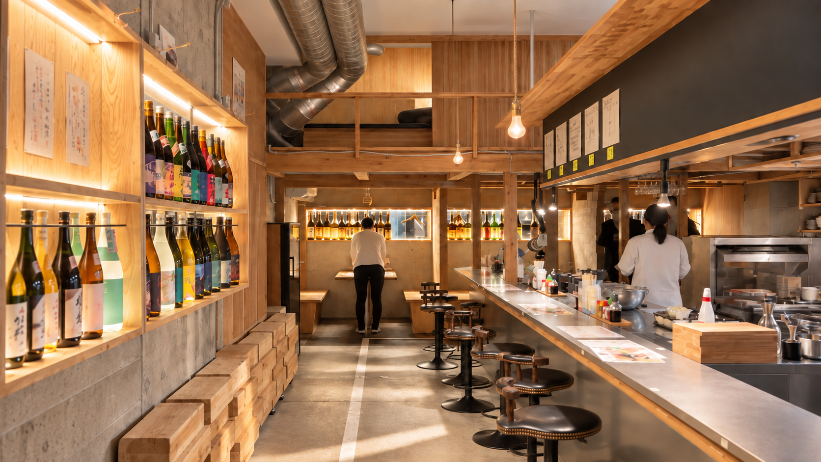 SHOCHU BAR IMOROCKの店内。焼酎の瓶が並ぶ棚と、木の温もりを感じるカウンター